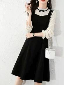 Women's Lace Dress, Long Sleeves, A-Line, Ruffles, Puff Sleeves, Knee-Length, Flattering, Stylish, Perfect For Spring, Autumn, And Winter