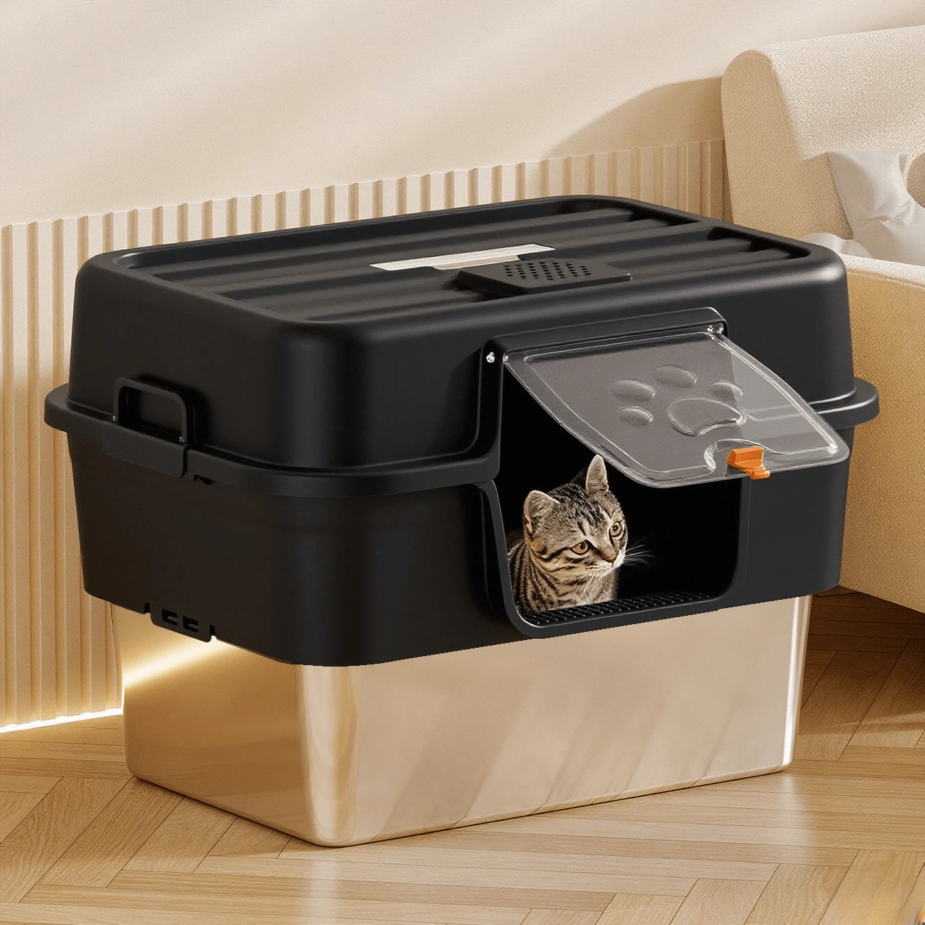 XL Stainless Steel Litter Box With Lid,Extra Large 22.5"L*16.5"W*15.7"H Metal Cat Litter Boxs,Jumbo Enclosed Removable Litter Box High Sides For Big Cats,With Cat Litter Scoop, Leak-Proof - màu đen - Xem 1