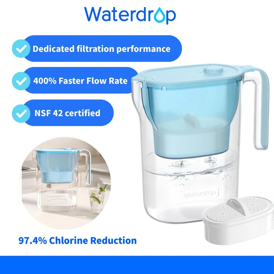 Waterdrop Water Filter Pitcher Refrigerator Water Filter Jug With 3-Month Filter, 2.5 L, Reduces Fluoride, Chlorine, And More, NSF-Certified, Blue (Replacement Filter: WD-PF-01A Plus) - 藍色 - 查看 1