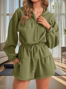 Women's Half Zip Hooded Romper Long Sleeves Drawstring Waist Shorts Daily Casual Jumpsuit Fall Clothes For Women - Army Green - View 1