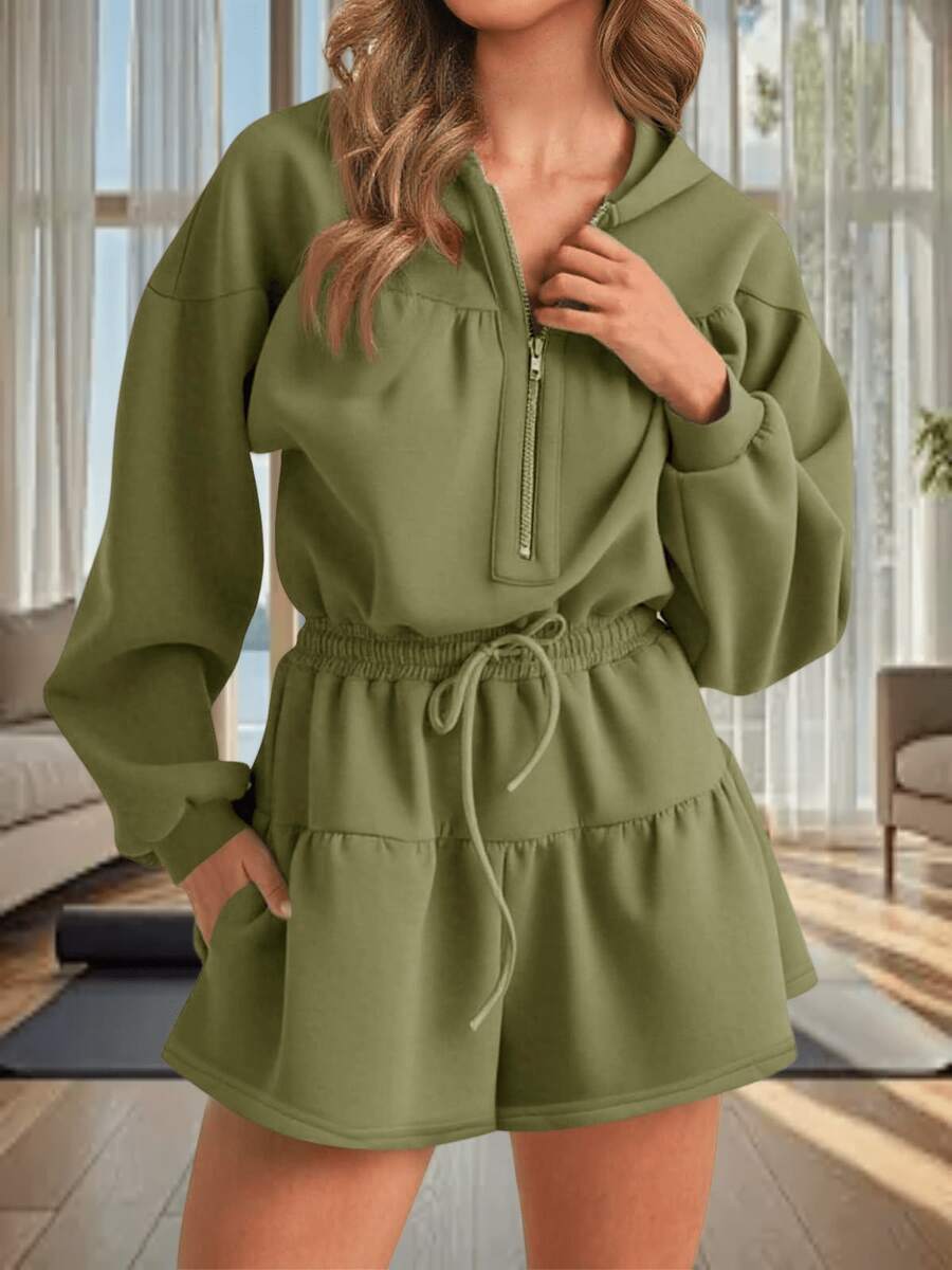 Women's Half Zip Hooded Romper Long Sleeves Drawstring Waist Shorts Daily Casual Jumpsuit Fall Clothes For Women - Army Green - View 1