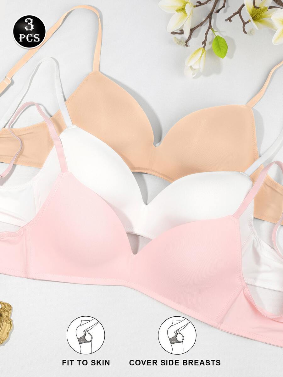 3 件套女士无钢圈提升文胸 - 无缝舒适，柔软透气面料，无钢圈和可拆卸肩带，纯色适合日常和场合穿着，舒适内衣，精致内衣，光滑质地文胸，灵活贴合文胸 - 彩色 - 查看 1