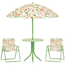 AIYAPLAY Children Table And Chair Set With Adjustable Parasol, 2 Folding Chairs, Picnic Table, Fox Pattern Outdoor Patio Set, For Ages 2-5 Years, Green - Green - View 2