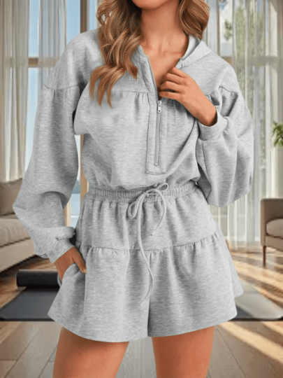 Women's Half Zip Hooded Romper Long Sleeves Drawstring Waist Shorts Daily Casual Jumpsuit Fall Clothes For Women