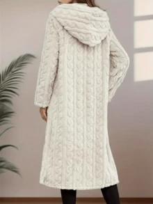 Cozy Women's Hooded Trench Coat Long Cable-Knit Design Regular Sleeve Knitted Fabric Warm Lined Slight Stretch Casual Elegant Outwear - trắng - Xem 2
