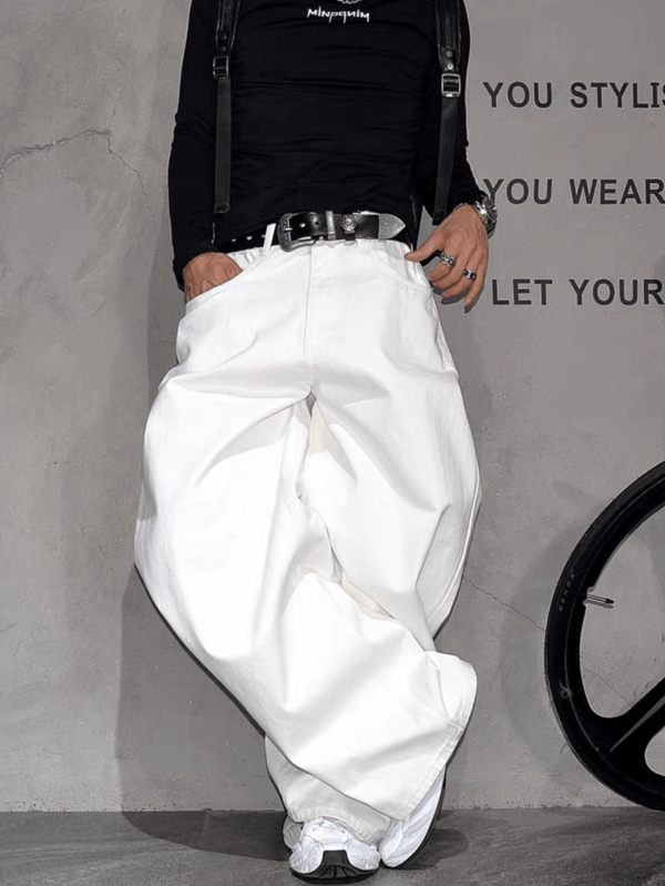 White Design Flared Straight Leg Jeans, Casual Loose Fit Pants For Men