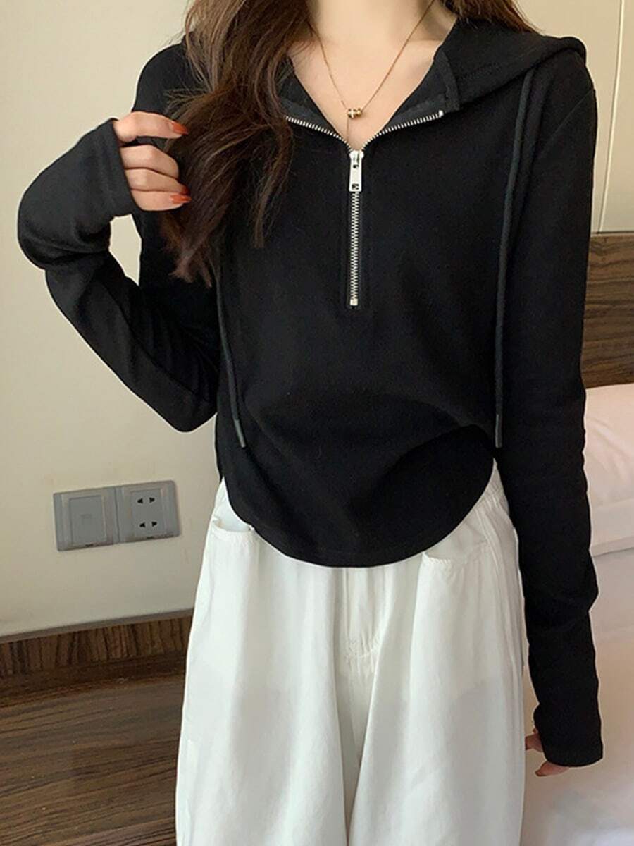 Sentido del diseño nicho otoño nuevo corto sección zip top delgado de manga larga con capucha suéter de las señoras - Negro - Ver 1