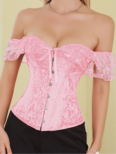 Luna Slim New Black Off Shoulder Lace Patchwork Corset Top, Vintage Sexy Ruffle Hem, Short Bustier Camisole, Essential For Daily, Party, Date, Street, Punk Style, Halloween, Christmas Party Outfit