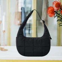Small Puffer Crescent Shoulder Bag – Women's Quilted Nylon Handbag With Adjustable Strap, Lightweight & Stylish - 西瓜粉 - 查看 4