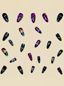 Peças de arte de unhas pretas em formato de amêndoa de comprimento médio com padrões de olho e flor estão vendendo bem no outono e inverno, Unhas postiças em formato de amêndoa, Unhas postiças de outono