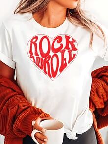 Camiseta con estampado de corazón de rock para mujer, estilo retro, para amantes de la música, de algodón suave y casual, moderna camiseta de manga corta con cuello redondo, cómoda y moderna para usar a diario. Talla extragrande. - Blanco - Ver 2