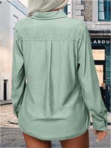 YOUSIFY Womens Basic Solid Lapel Long Sleeves Button Down Casual Office Blouse Shirt Top - Xanh nhạt - Xem 4