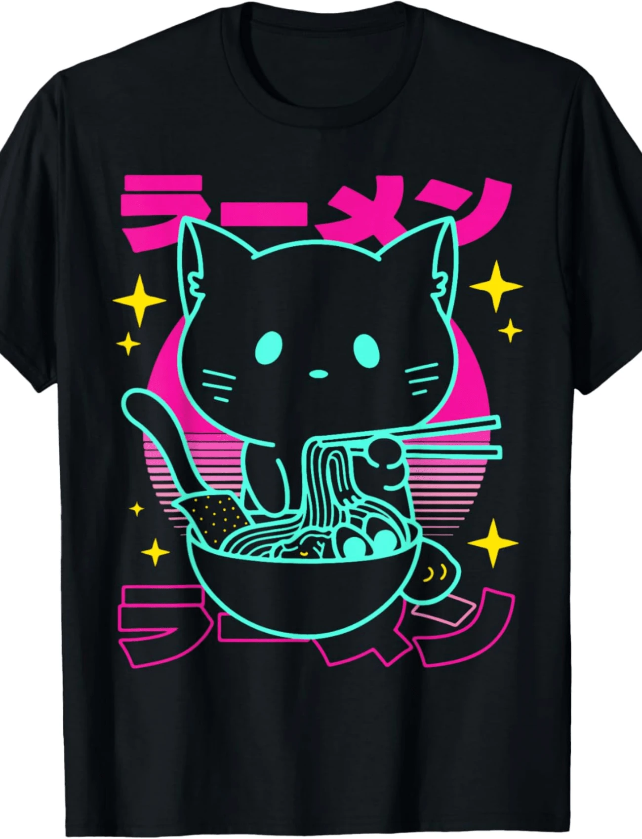Anime Ramen Cat Retro Japanese Noodles Aesthetic Kawaii Cat T-Shirt - 黑色 - 查看 1