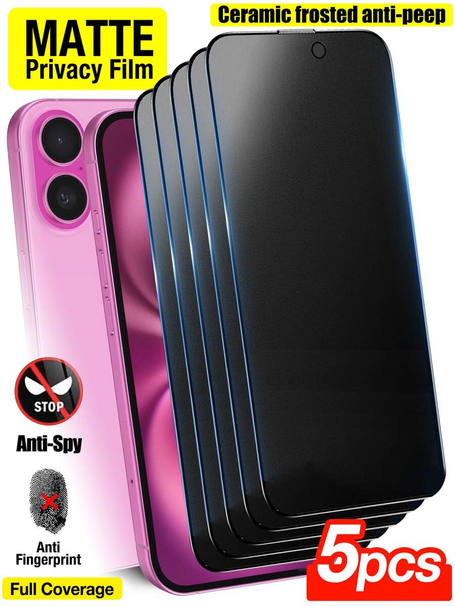 Yezodawee 5 Packs Matte Privacy Screen Protector, Compatible With IPhone 9H Anti-Peeping Ceramic Matte Screen Protector Privacy Film, Non-Glass Material, Ceramic Matte Privacy Film, Suitable For 16ProMax/16E/16Plus/For IPhone 17 15ProMax/14/13/12/11/XR/X/XS/7/8, 2.5D Anti-Fingerprint Matte Privacy Screen Protector (6.1 Inches), Full Coverage Ceramic Matte Privacy Screen Protector