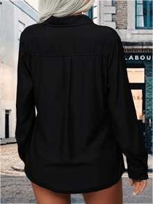 YOUSIFY Womens Basic Solid Lapel Long Sleeves Button Down Casual Office Blouse Shirt Top - màu đen - Xem 4