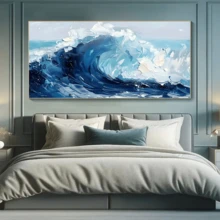 1 قطعة لوحة جداريّة فنّيّة تجريديّة ذات موجة زرقاء - لوحة جداريّة مطبوعة ذات موضوع المُحيط، تصميم موجة كبير حركي، بأسلوب الرسم بالألوان الزيتيّة لموجة البحر، طباعة صيفيّة، مثاليّة لاستخدام في ديكور غرفة المعيشة أو النوم أو الممر، ديكور غرفة المعيشة | فن جداري تجريدي | لوحة فنيّة منقوشة، ديكور فني جداري، مع إطار أو بدونه