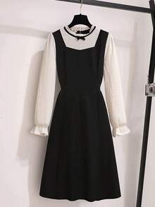 Women's Lace Dress, Long Sleeves, A-Line, Ruffles, Puff Sleeves, Knee-Length, Flattering, Stylish, Perfect For Spring, Autumn, And Winter