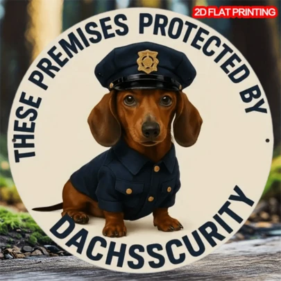 2D 腊肠犬金属标牌 - “此区域受腊肠犬安保保护” - 7.8 X 7.8 英寸圆形装饰牌匾，适用于家庭、办公室、卧室、咖啡厅、车库 - 独特的节日礼物创意，办公室装饰 | 趣味设计 | 耐用标牌，腊肠犬装饰，2D 平面，完美的房间装饰。孔样式随机