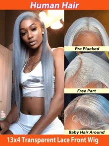 灰色直发真人发假发，13x4蕾丝前假发，预先拔毛，带婴儿发，150%密度，透明蕾丝前假发，适合女性，适用于各种场合，包括音乐节、派对、角色扮演、节日和所有季节。