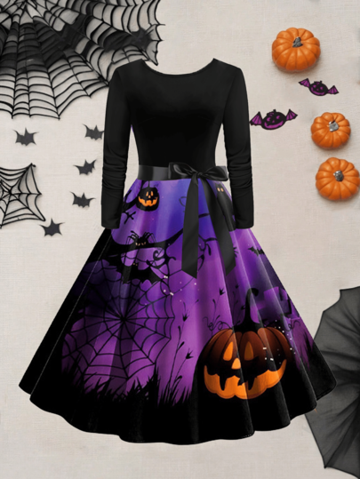 Vintage Kürbis- & Totenkopf-Muster Rundhals Maxikleid mit hoher Taille, Patchwork und Schleife für Mollige