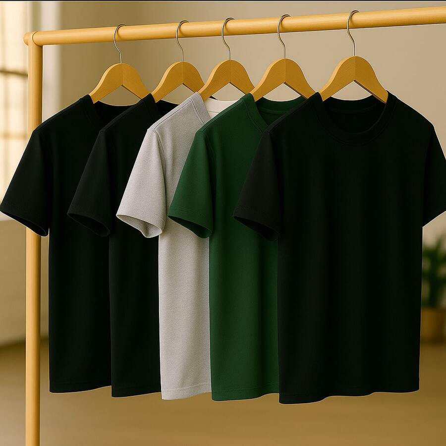 KIT 5 Basic Plain T-Shirts 100% Cotton 30.1 Unisex - Black + Black + Black + Gray + Military Green - View 1