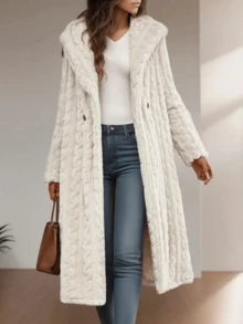 Cozy Women's Hooded Trench Coat Long Cable-Knit Design Regular Sleeve Knitted Fabric Warm Lined Slight Stretch Casual Elegant Outwear - trắng - Xem 1