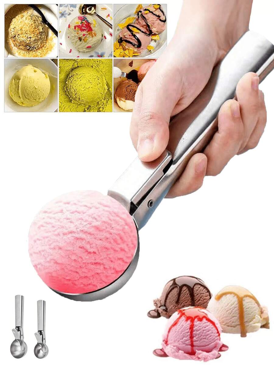 2pcs Stainless Steel Ice Cream Scoop, Perfect For Frozen Yogurt, Multi-Functional Ice Cream Scoop, Stainless Steel Double Use Scoop, Non-Stick Ice Cream Scoop With Comfortable Anti-Frost Handle, Heavy Duty Metal Ice Cream Scoop With Trigger, Sturdy Stuffing Scoop, Home Ice Cream Tools Scoop, Easy To Clean, Suitable For Ice Cream, Cookie Dough, Sorbet, Almond, Ideal For Kitchen, Dessert Shop And Western Restaurant.(Summer Gifts) - 銀色 - 查看 1
