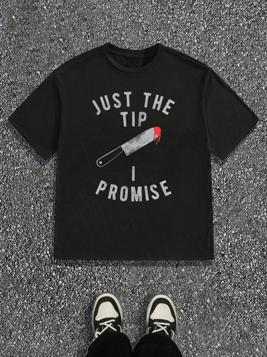 Men's Plus Size Halloween Gifts "Just The Tip I Promise"  Edgy Graphic, Casual Soft Oversized Pure Cotton 220g Pattern Printed BLACK T-Shirt - 黑色 - 查看 1