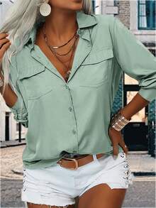 YOUSIFY Womens Basic Solid Lapel Long Sleeves Button Down Casual Office Blouse Shirt Top - Xanh nhạt - Xem 3