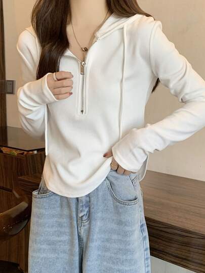 Sentido del diseño nicho otoño nuevo corto sección zip top delgado de manga larga con capucha suéter de las señoras
