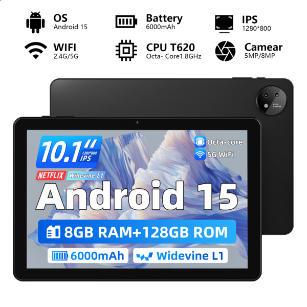 Qetupa Tablet 2025Latest Android 15 10.1 Inch Tablet,(8GB+16GB Expand)GB RAM +128GB ROM,T620 Octa-Core 1.8GHz,5MP+8MP Dual Cameras,6000mAh,1TB SD Expansion,Bt5.2&802.11ac Wifi2.4G/5G Wireless - Enhance Christmas & Halloween Experiences