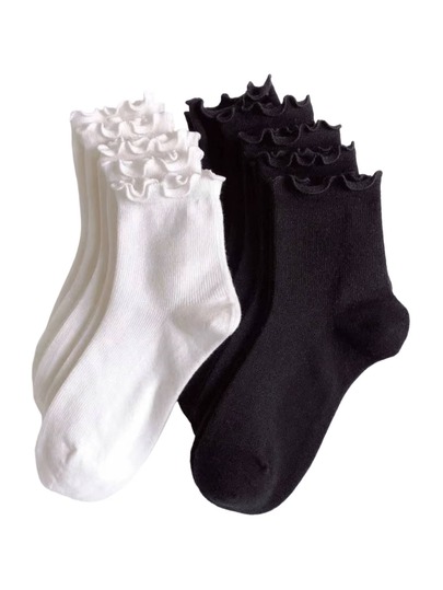 5 Pairs Women's Cute Ruffled Frilly Ankle Crew Socks, White And Black, Polyester Spandex Blend, Machine Washable