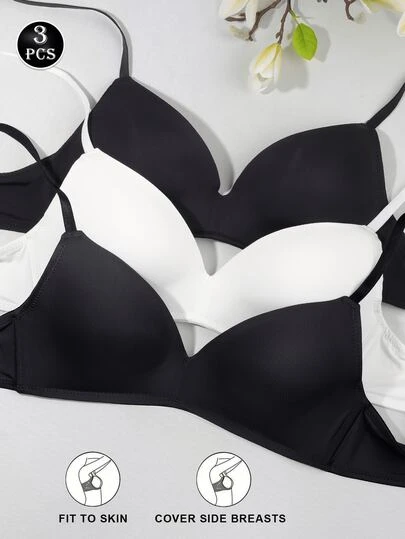3 件套女士无钢圈提升文胸 - 无缝舒适，柔软透气面料，无钢圈和可拆卸肩带，纯色适合日常和场合穿着，舒适内衣，精致内衣，光滑质地文胸，灵活贴合文胸