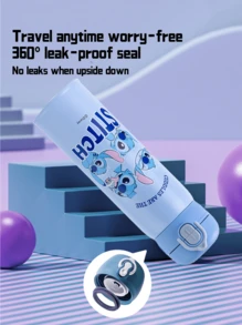 Taza de doble pared de 500ml con diseño de Stitch, con 2 tapas - 1 con pajita y 1 de boca ancha, núcleo al vacío que mantiene la temperatura, sello de anillo de silicona, tapón con cierre, interior de acero inoxidable de alta calidad, estampado kawaii de Stitch, base delgada que se ajusta a los portavasos, lista para el campus, el gimnasio y los desplazamientos, regalo para fans - Puntada azul - Ver 4