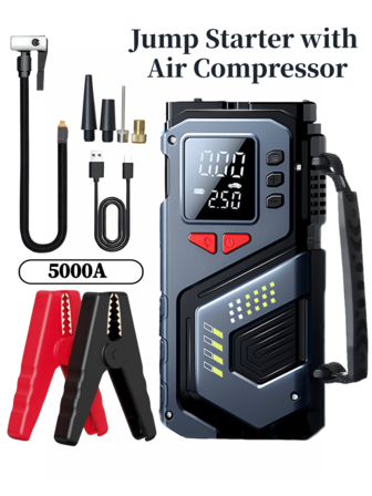 1pc 150PSI 5000A Jump Starter With Air Compressor, 5 In 1 Function Digital Car Tire Inflator Jump Box Battery Pack, Portable Car Battery Charger For 10L Gas Or 5.0L
