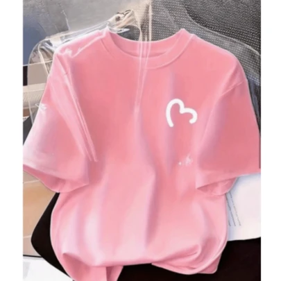 Camiseta Feminina Blusa Coração 100 % Algodão Malha Premium Manga Curta Camisa Gola Redonda