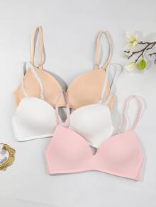 3 件套女士无钢圈提升文胸 - 无缝舒适，柔软透气面料，无钢圈和可拆卸肩带，纯色适合日常和场合穿着，舒适内衣，精致内衣，光滑质地文胸，灵活贴合文胸 - 彩色 - 查看 3