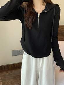 Sentido del diseño nicho otoño nuevo corto sección zip top delgado de manga larga con capucha suéter de las señoras - Negro - Ver 4