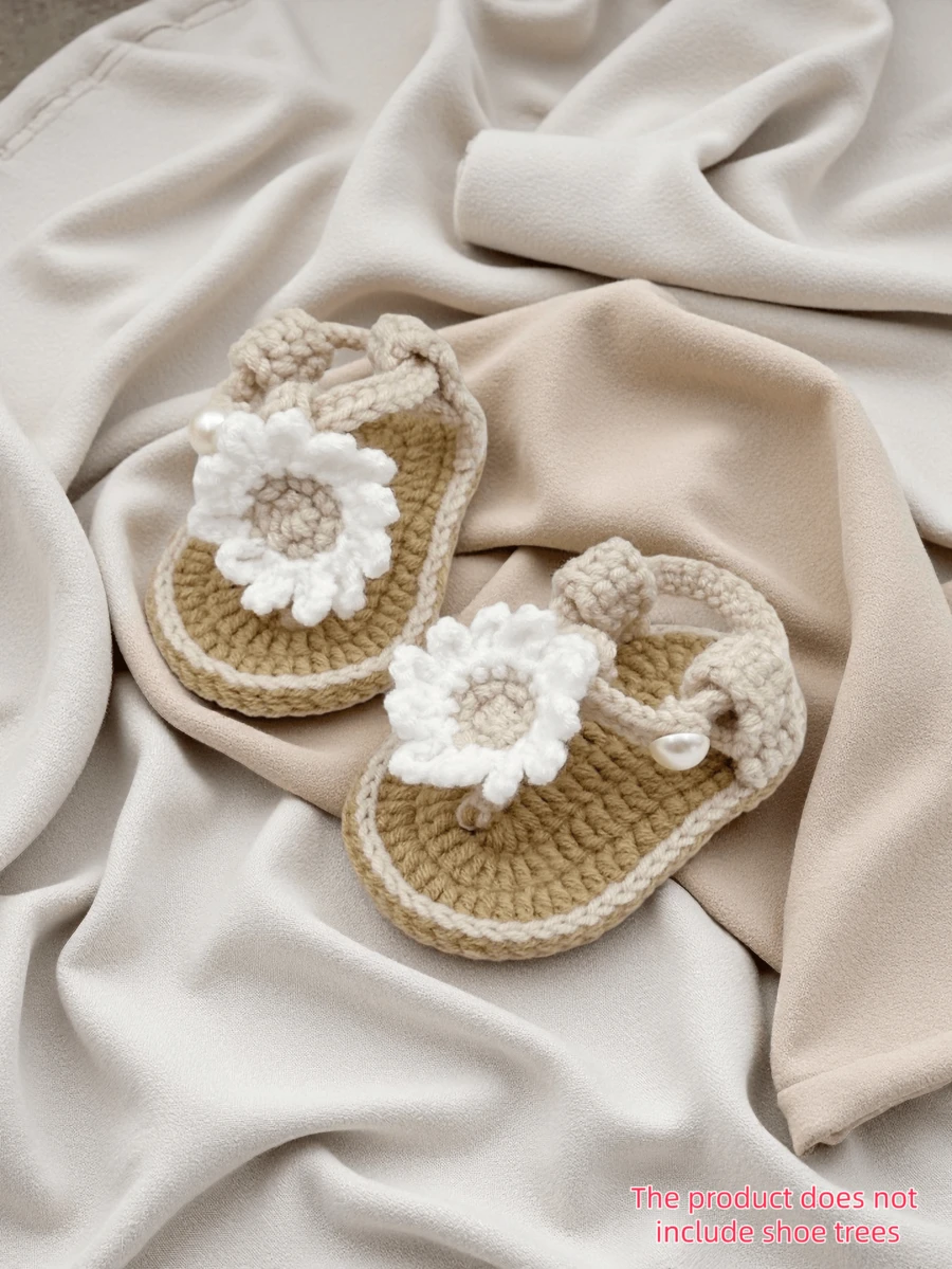 1 Pair Handmade Infant Sandals, Crochet Daisy Pattern, Yellow And White, Pearl Button Decor - Beige - View 1
