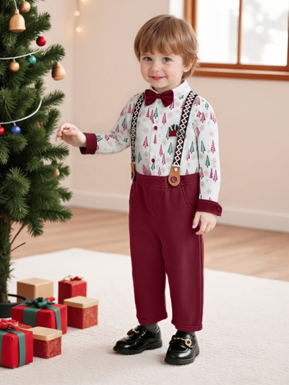 2 pezzi Completo natalizio per bambini piccoli, inclusa camicia a maniche lunghe con papillon e pantaloni regolabili con bretelle, adatto per occasioni, feste, eventi formali, matrimoni, battesimi, cerimonie e celebrazioni di compleanno, misure da neonato 1 mese a 2 anni, bambini piccoli 3-7 anni, set per 1° compleanno, outfit fotografico, estivo, abbigliamento per bambini, abbigliamento per neonati, stile occidentale per bambini, abbigliamento per bambini, outfit per compleanno, outfit per battesimo