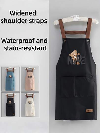 新款防水防油厨房围裙，高端外观，防刮帆布围裙，适用于餐厅，新款小熊图案围裙，防水围裙，适用于家庭厨房烹饪和清洁，餐饮制服腰带，防油防水围裙，可调节肩带