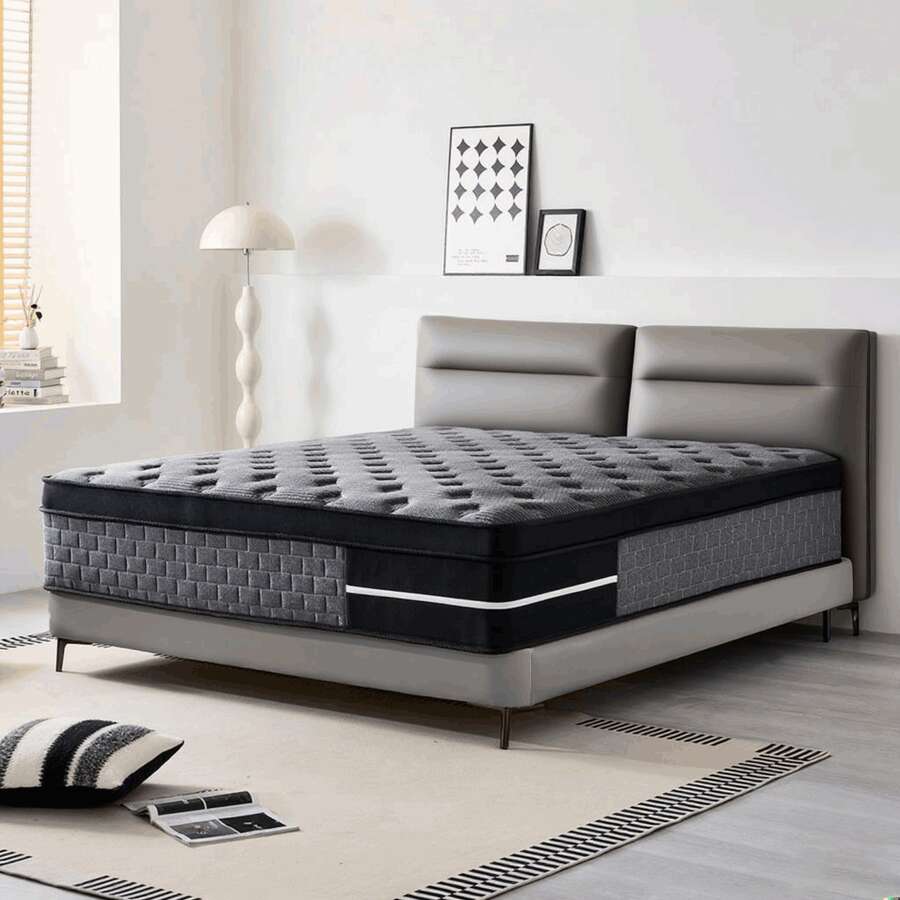 12"Queen Mattress Double Bed Full Size Queen Bed King Bed Mattress Boxed, Hybrid Pocket Spring Breathable Cotton Layer Mattress, Medium Firmness, Lumbar Support And Pressure Relief, Medium Firmness Suitable For Motion Isolation And Quiet Sleep - 深灰色 - 查看 1