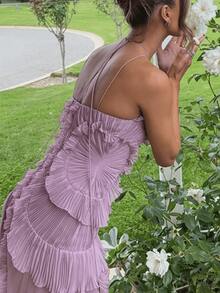 Women's Boho Halter Backless Maxi Dress Sleeveless High Waist Ruffled Party Prom Evening Dresses - 紫色 - 查看 5