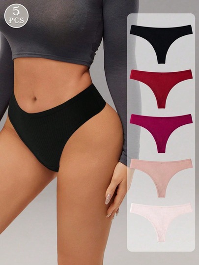 5pcs/Pack Women's Cotton Sexy Seamless Thong Panties, Casual Comfortable Minimalist Stretch Soft Breathable Underwear
