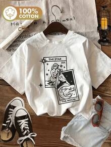 Tarot Card Graphic Print T Shirt 220g 1pcs Astrology Women's Casual 100% Cotton Tee  Streetwear Top With Moon And Star Illustration Relaxed Fit - 白色 - 查看 1