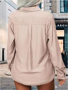 Womens Basic Solid Lapel Long Sleeves Button Down Casual Office Blouse Shirt Top - Apricot - View 4