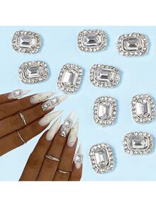 10入組3D方形美甲鑽，閃亮銀色美甲鑽，透明水晶美甲裝飾，美甲藝術配件DIY美甲寶石，美甲用品 - 銀色 - 查看 9