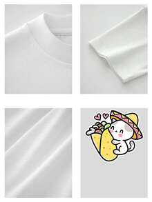 Bonita camiseta de gato de dibujos animados para mujer con un sombrero mexicano y un gráfico de tortillas. Camiseta de algodón suave, perfecta para uso casual. Diseño divertido y adorable, el regalo perfecto para amantes de los gatos. Talla extragrande. - Blanco - Ver 4
