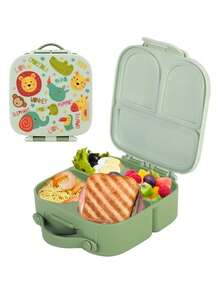 Meoky Caja de almuerzo con 4 compartimentos a prueba de fugas con divisores extraíbles - Diseño de dibujos animados lindos, adecuado para estudiantes, regalo perfecto para Navidad o regreso a clases - Verde - Ver 2