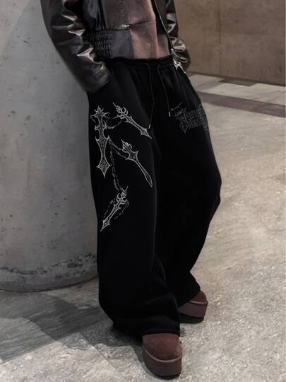 Pantalón de chándal de pierna recta con estampado de cadena, corte holgado, unisex, ropa casual de calle, cómodo, joggers deportivos